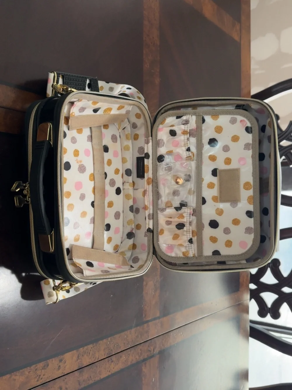 Black Quilted Crossbody Makeup Bag with Polka Dot Strap & Interior